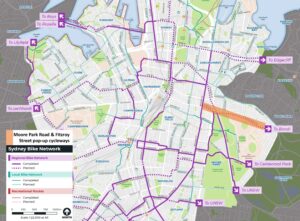 Map showing cycleway on Moore Park Road and Fitzroy Street