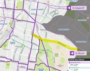 Map showing Moore Park Road cycleway